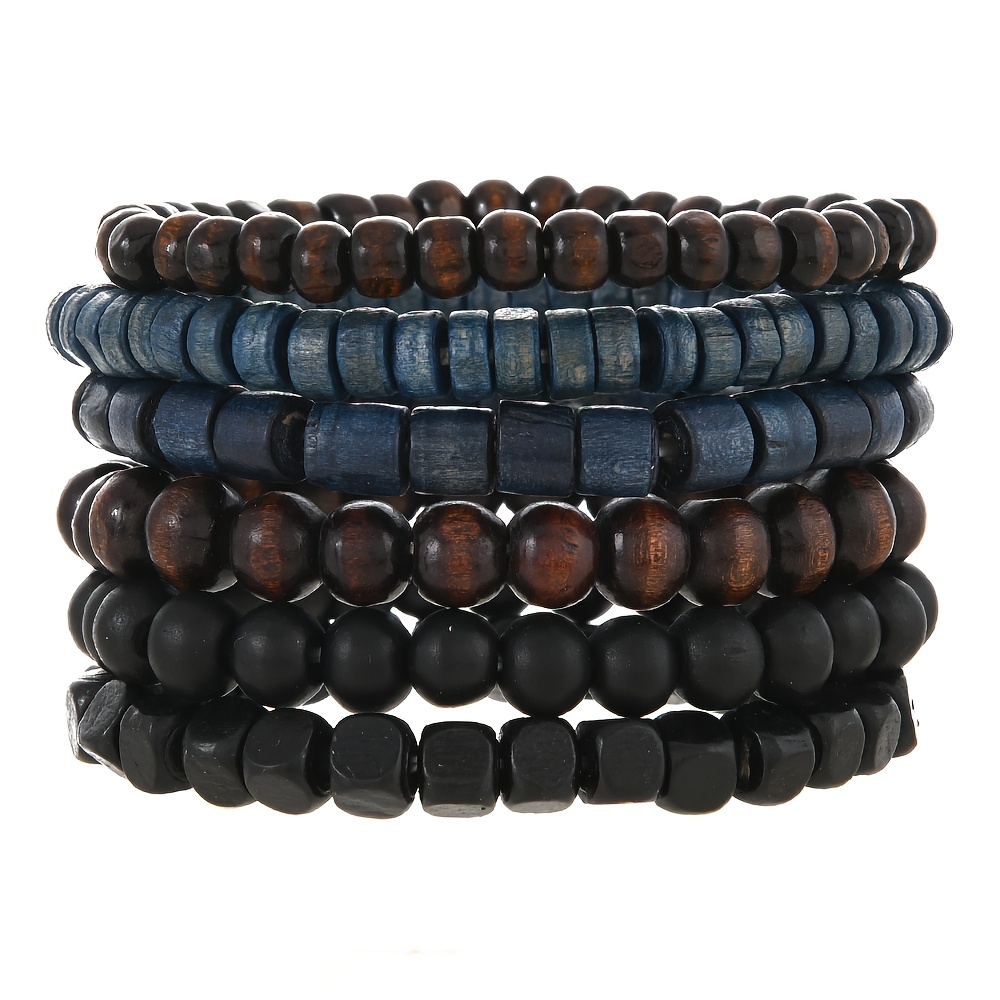 6pcs Men's Vintage Blue And Black Wood Beads Mixed Multi-piece Set Jewelry Accessories