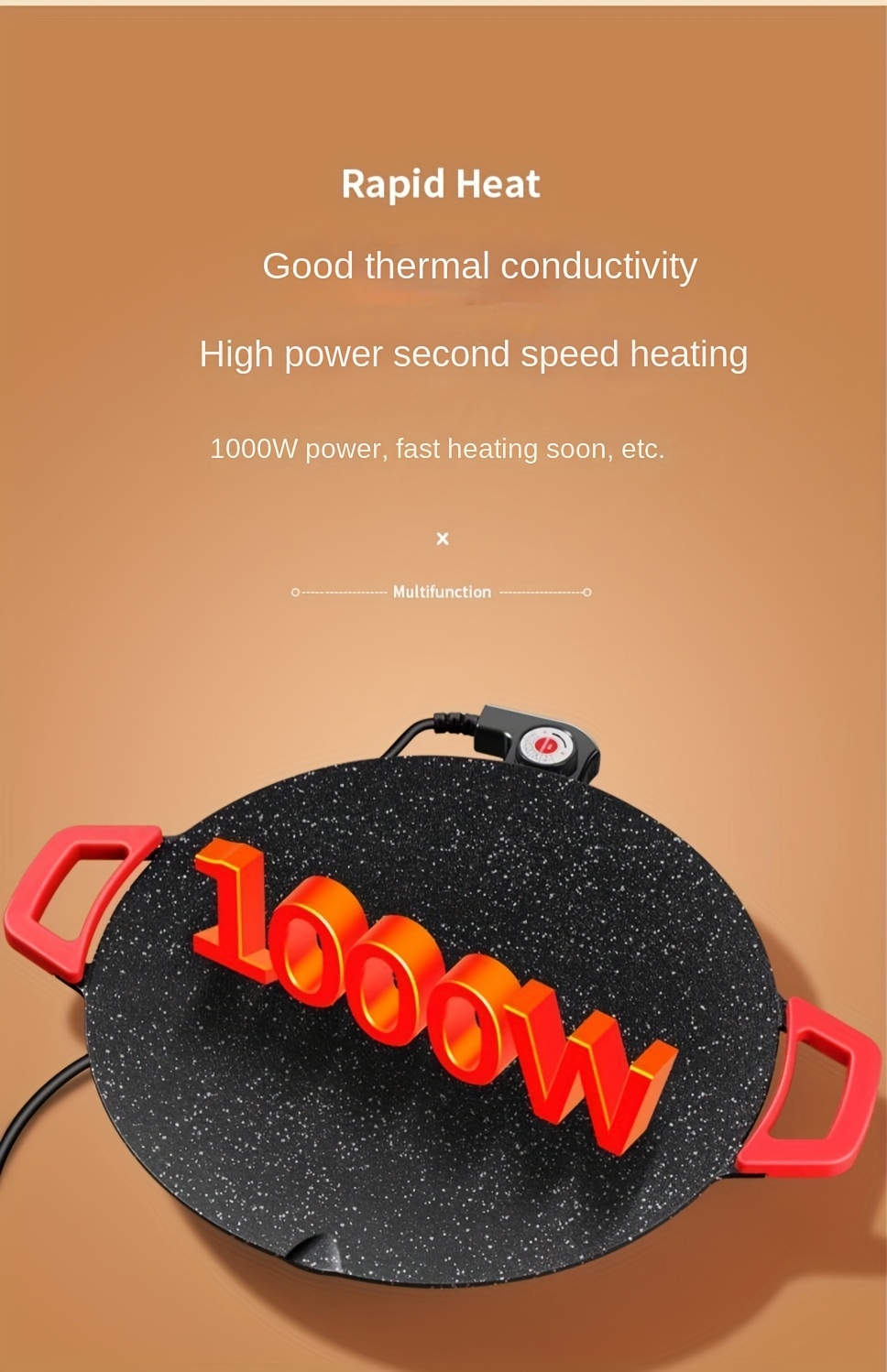 Round Multi-Purpose BBQ Pan in Korean Style, Perfect for Home Grilling. This Electric Grill Features a Non-Stick Surface And Is Ideal for Outdoor Barbecues. It Comes with a Red Handle And Adjustable Settings, Making It Great for Family Gatherings.