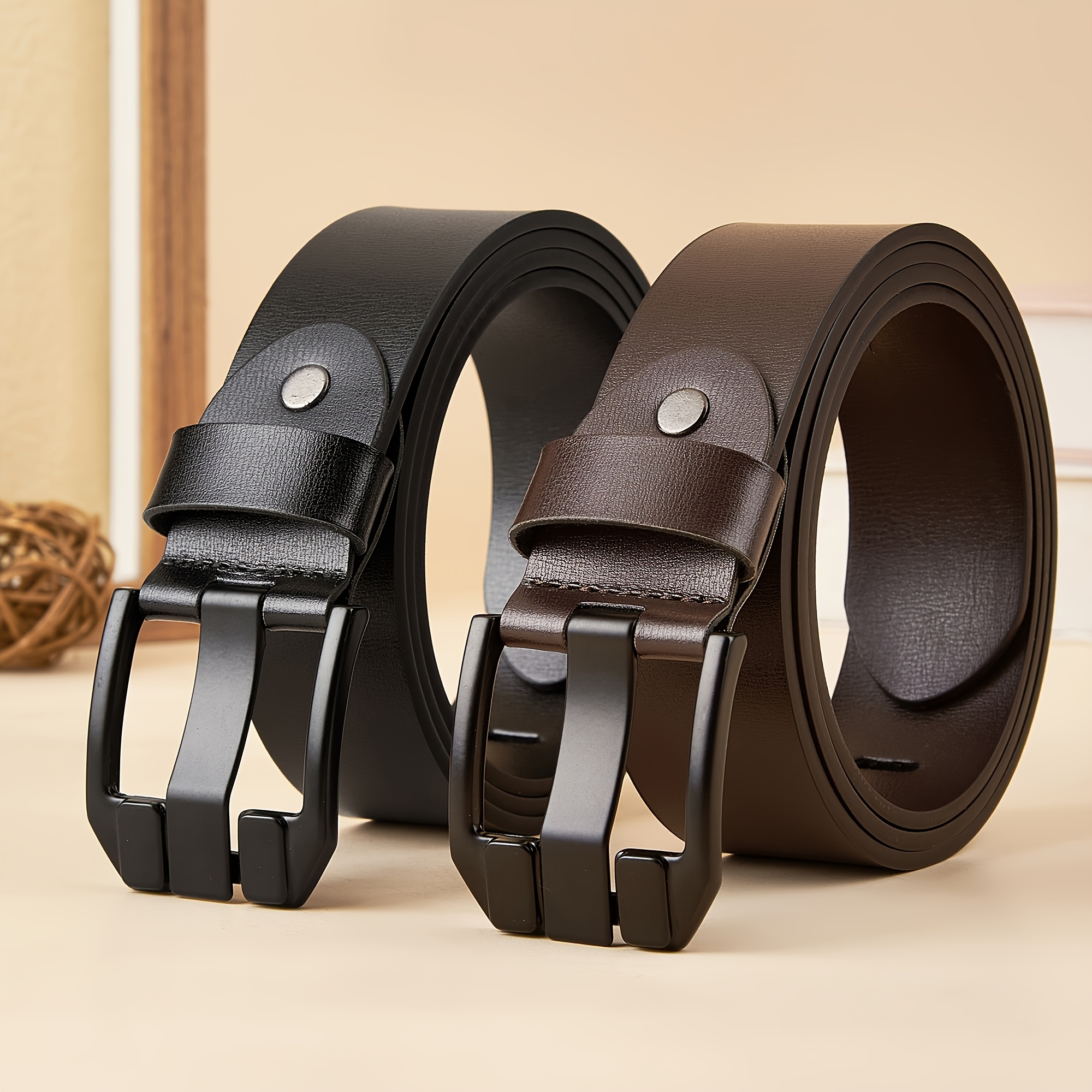 Brown Leather Belt with Square Buckle Retro Style