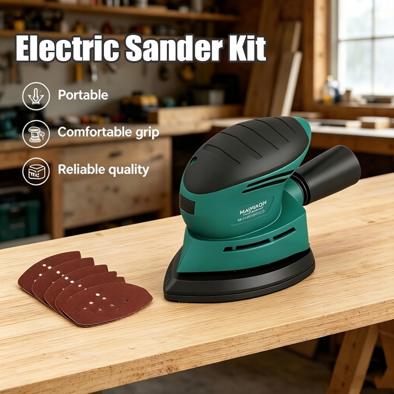 TEMU Levigatrice elettrica a palo da 140W, levigatrici a mouse portatili compatte per la lavorazione del legno, tappetino a strappo con 6 fogli di