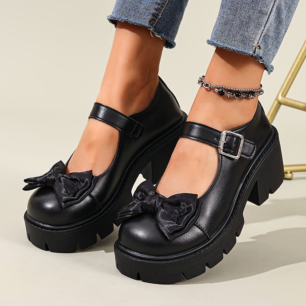 TEMU Chaussures Mary Jane à plateforme mate pour femme, chaussures compensées avec grand nœud, mocassins style JK et qui augmentent la taille,