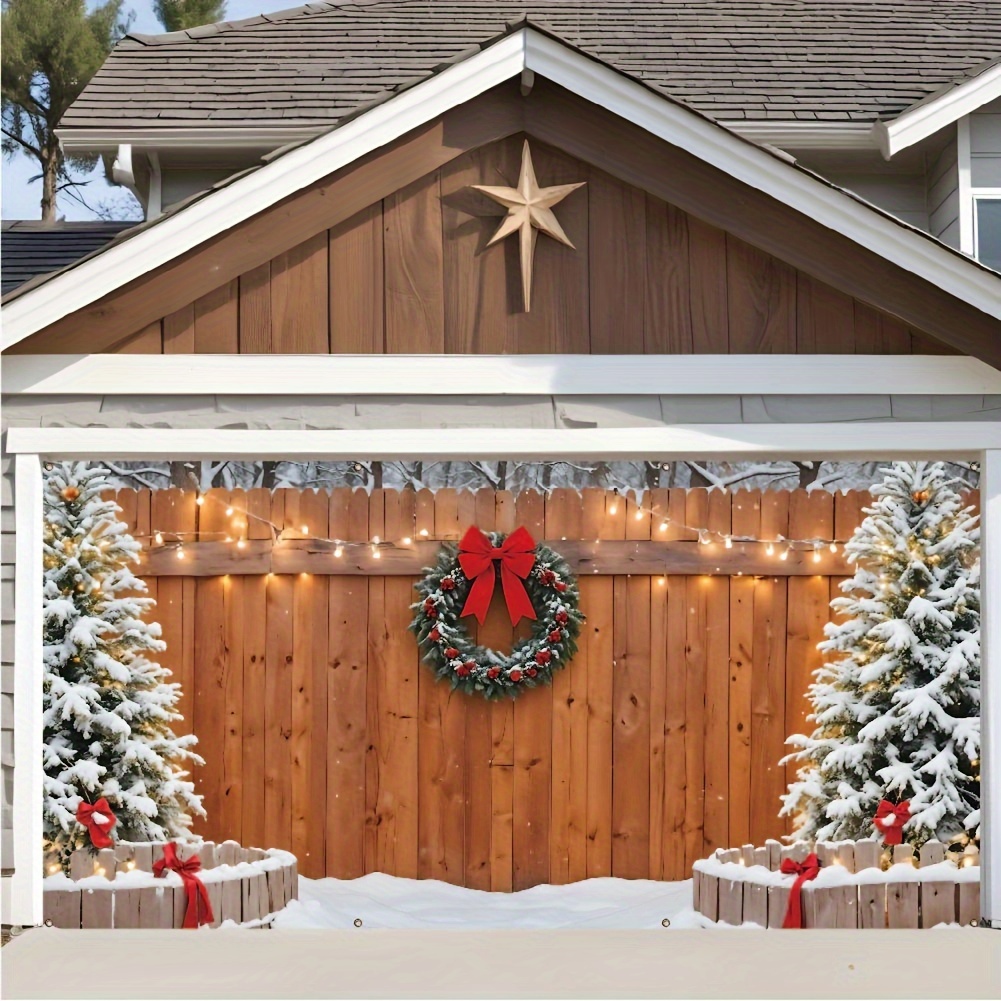 

Christmas Garage Banner - Festive Outdoor Decoration With Wooden Door, 2 Christmas Trees & Wreath Design, Polyester, 157x71 Inches