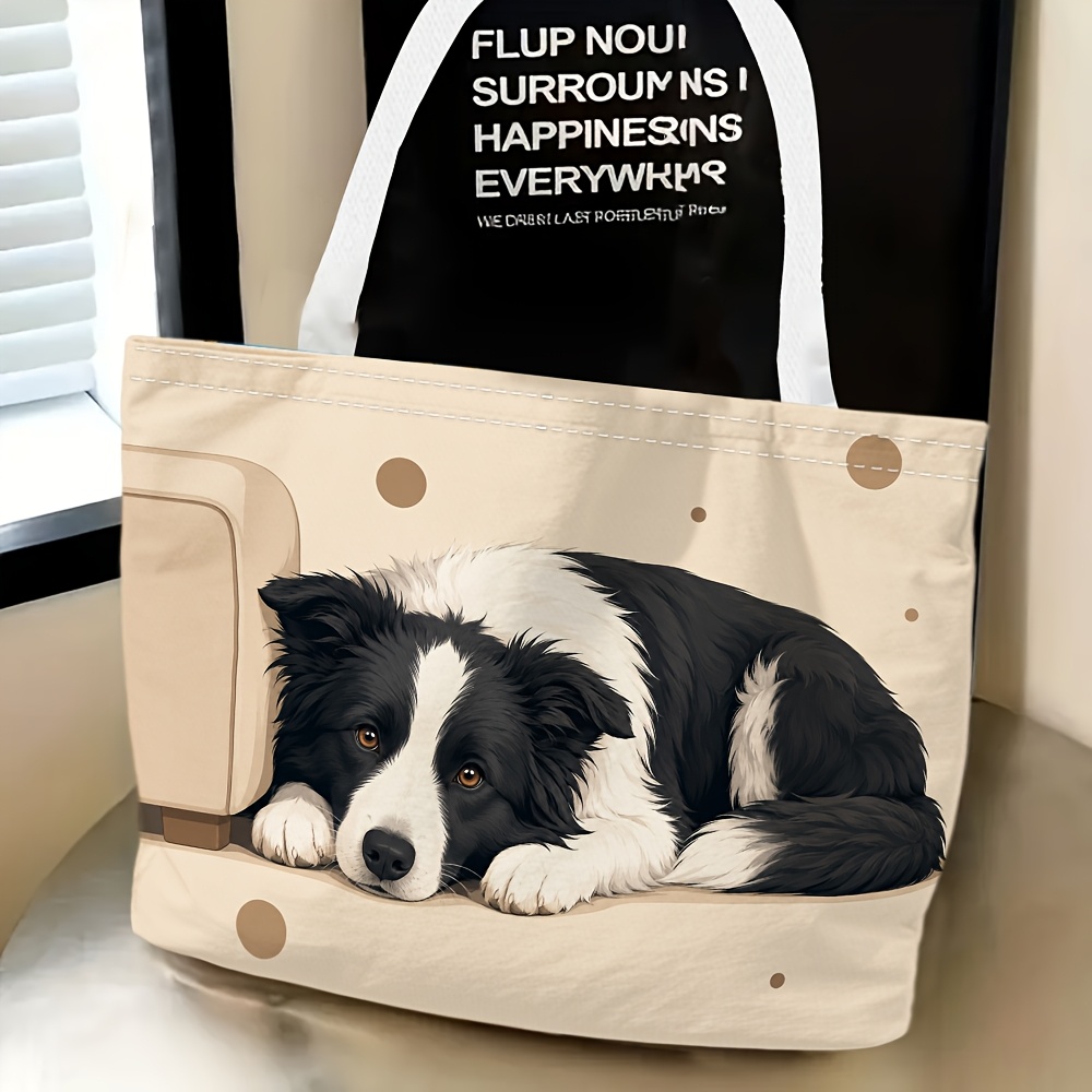 TEMU 1pc Women's Border Collie Themed Bag - Large Capacity Lightweight Hemp Tote & Clutch Suitable For Travel, Daily Use, Parties, Gift For Dog