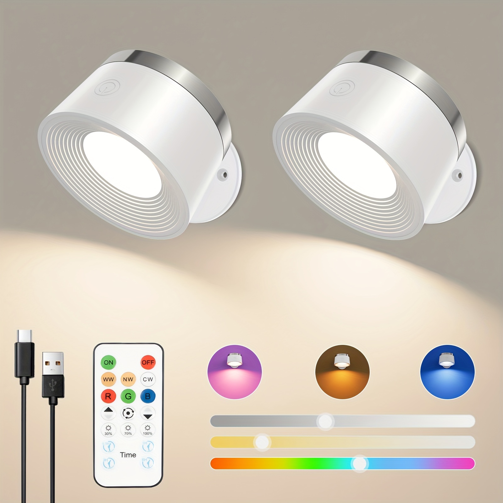 

Led Wall Sconces Set Of Two, Rechargeable Battery Operated Wall Lights With Remote, Wall Lamp Wireless 3 Color Temperatures + 13 Rgb & Dimmable Magnetic 360° Rotation (two Pack )