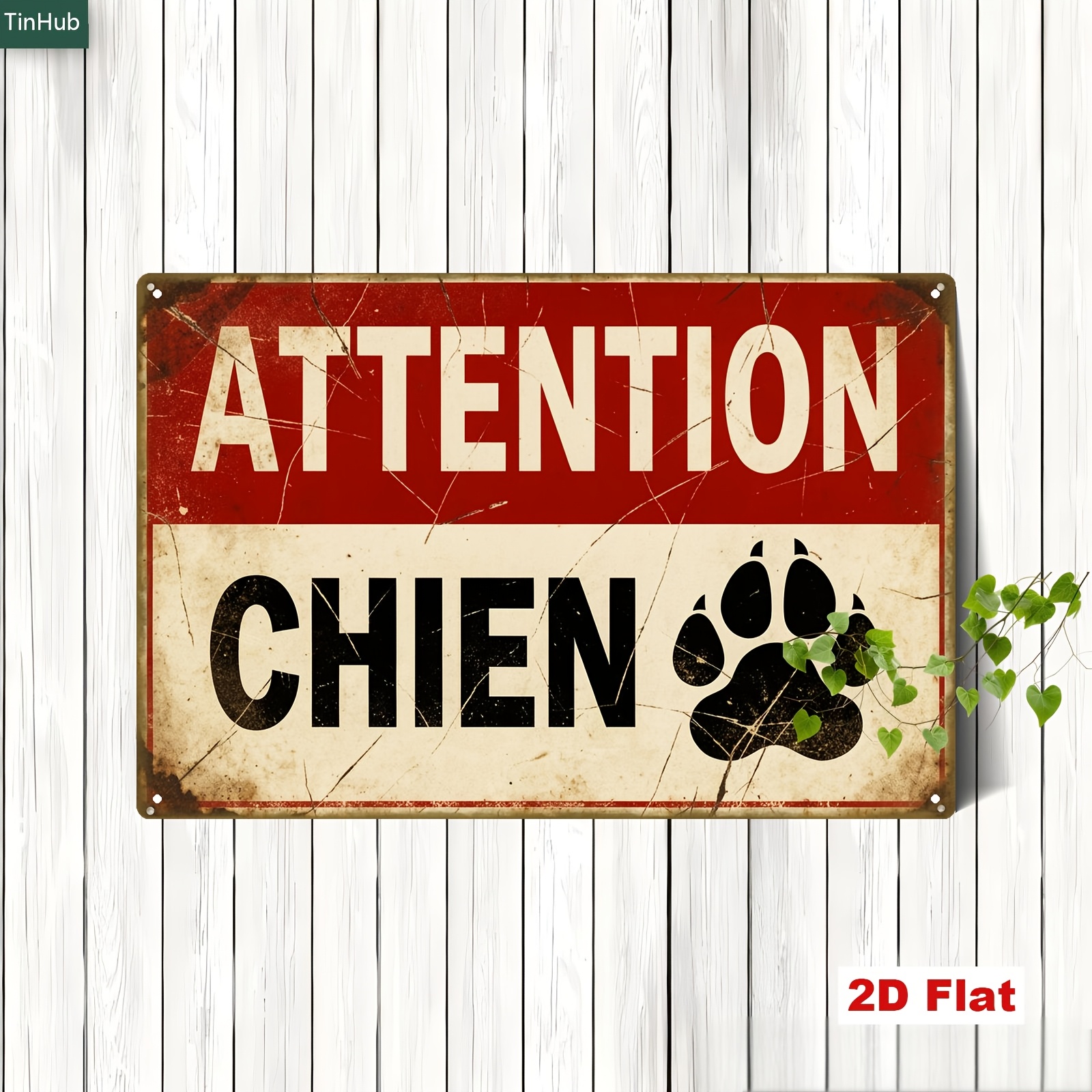 TEMU Panneau Métal 2D Plat 1pc Rétro Français Avertissement Animaux, 20X30Cm Fer, avec Attention Chien et Motif Patte de Chien, Décoration Murale