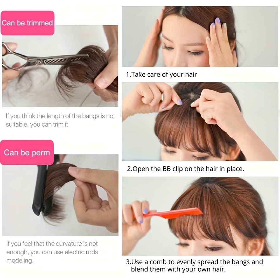 1pc real human hair clip-in bangs hair extensions straight wispy bangs with temples, air fringe & smooth natural look for women,  -in daily wear hairpiece, elegant hair accessories for festival wedding birthday party secure clip attachments details 3
