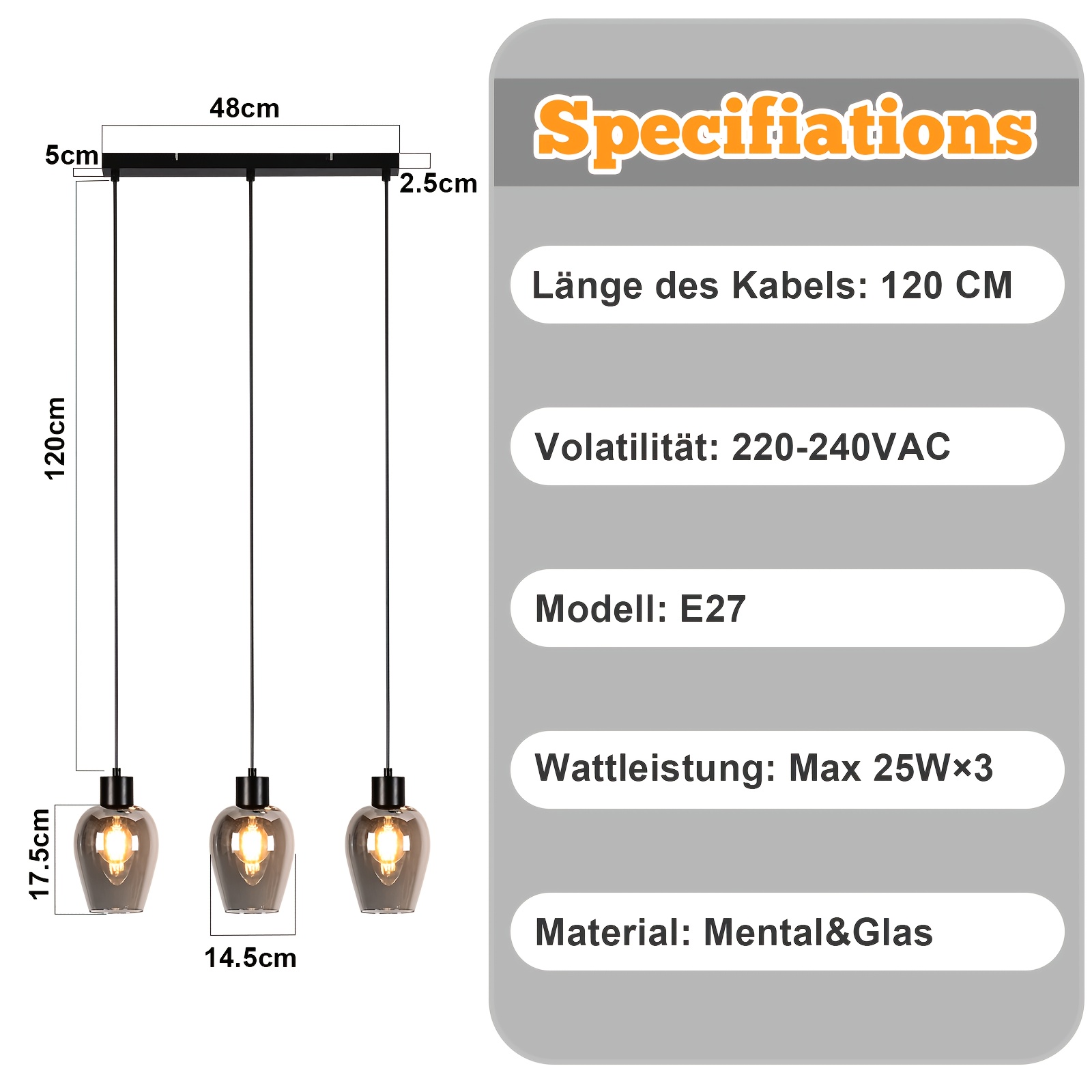 Pendant Lamp Black Pendant Light 3-flaming Vintage Pendant Light Dining Table E27 Kitchen Lamp Hanging Retro Smoke Gray Glass For Dining Room Stairs Living Room - Bulb Not Included