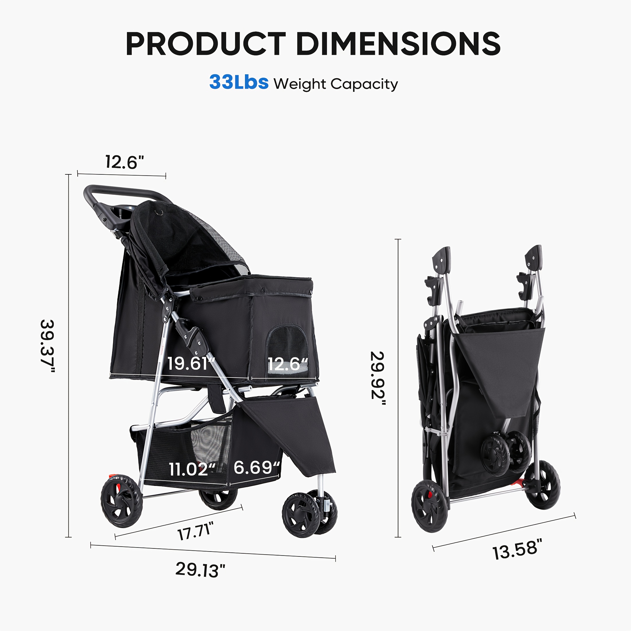 3-i-1 klapvogn til små, mellemstore hunde, katte, let, foldbar transportør, joggingklapvogn med opbevaringskurv, kopholdere, terrængående dæk, egnet til gåture, dyrlæge 2