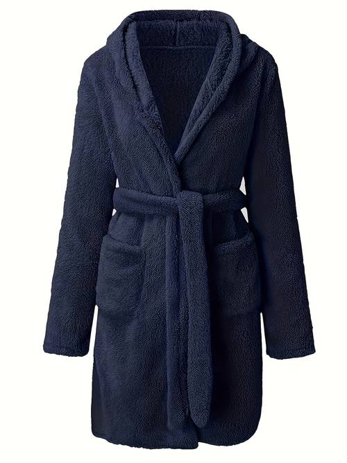 soft fleece hooded loungewear pajamas in solid color warm bathrobe with pockets