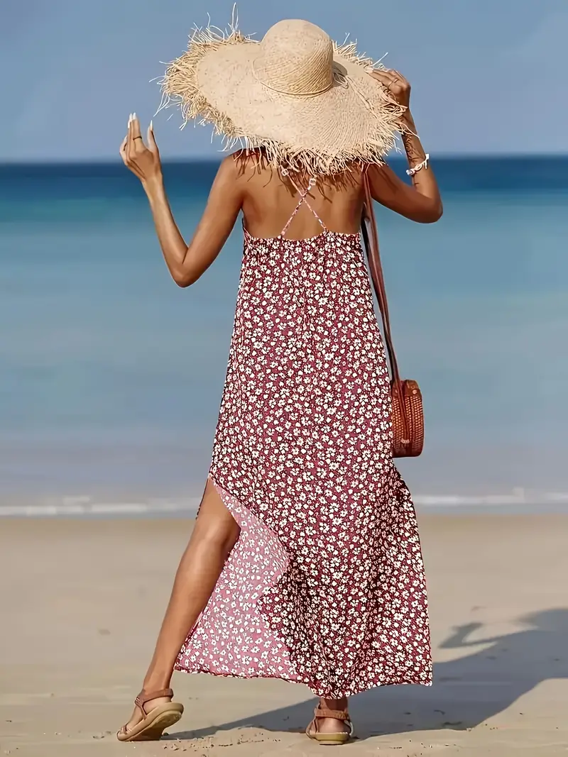 Women's Floral Print V-Neck Off-Shoulder Beach Dress with Thigh Slit & Open Back - Lightweight Polyester Long Sleeveless Maxi Dress for Summer ... Women's Floral Print V-Neck Off-Shoulder Beach Dress with Thigh Slit & Open Back - Lightweight Polyester Long Sleeveless Maxi Dress for Summer ...