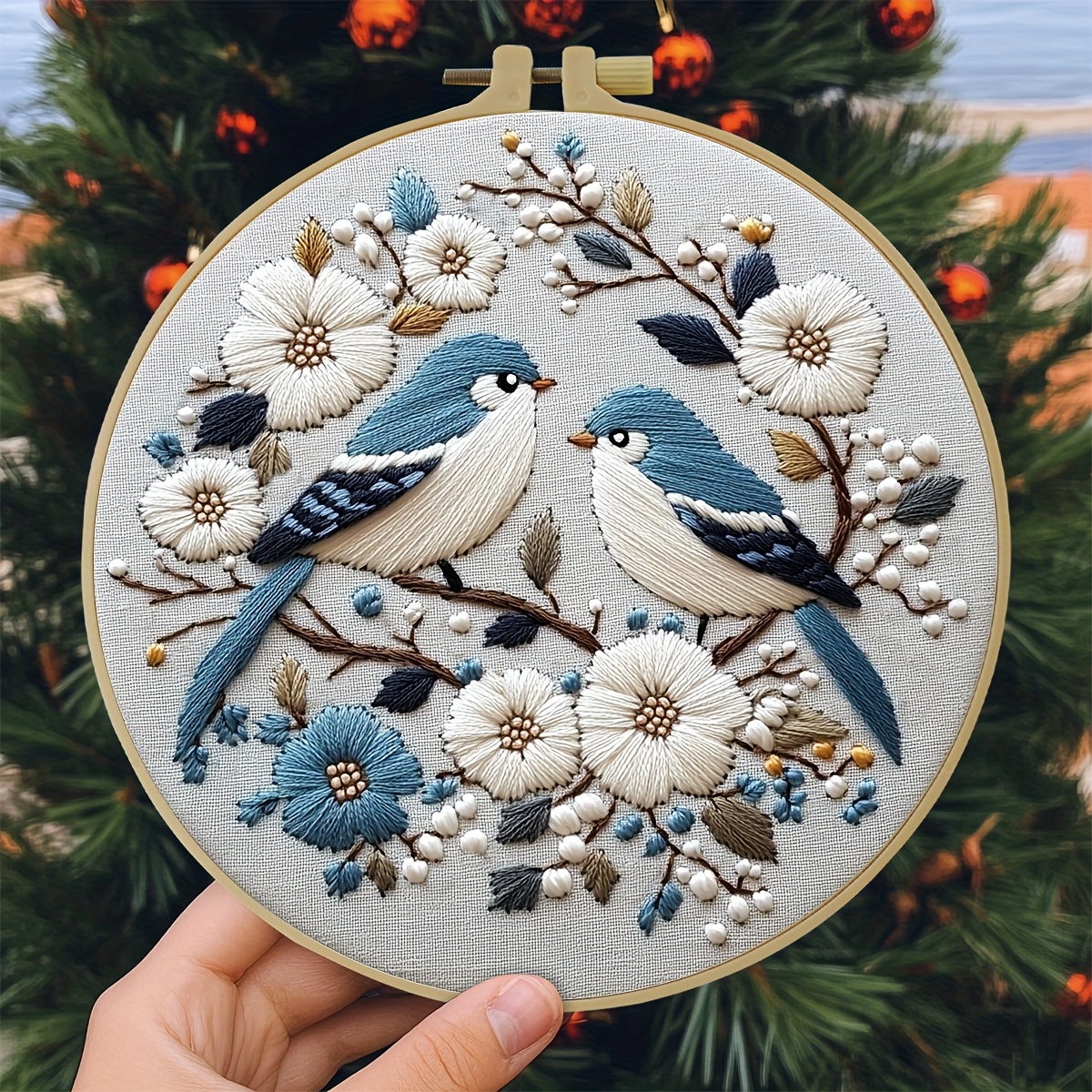 TEMU Adult Beginner Embroidery Kit, Blue And White Striped Birds Standing On Brown Branches, Surrounded By White And Blue Flowers Pattern Hand