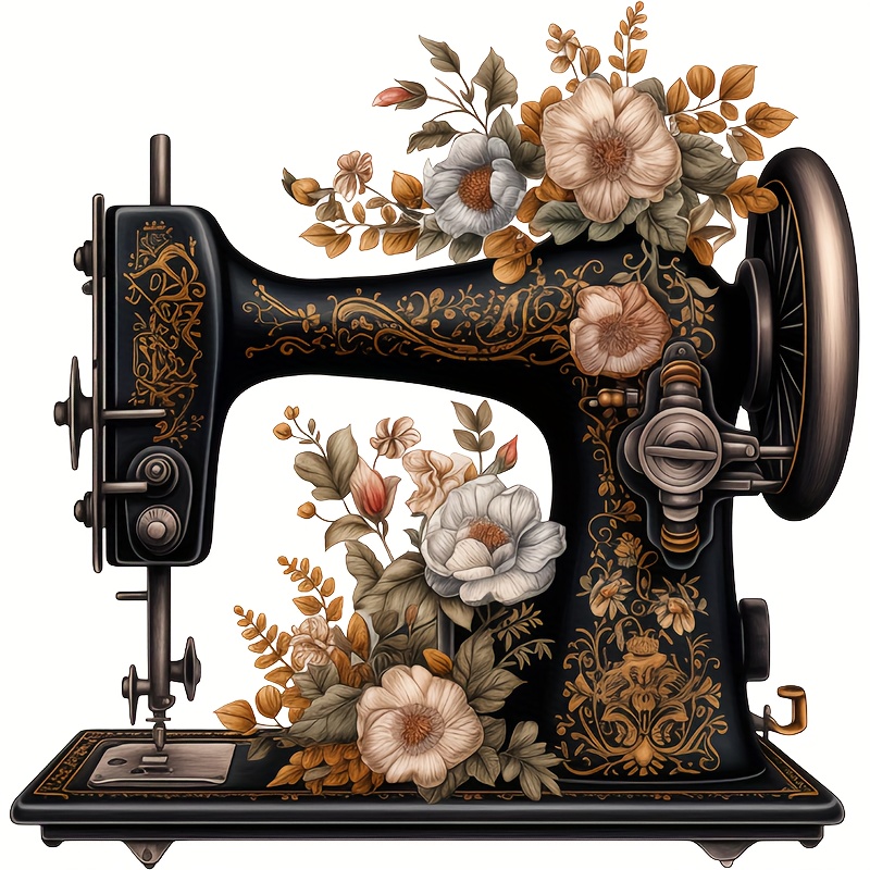 

1/2pcs Sewing Machine With Flowers Heat Transfer Sticker, Diy Iron-on Clothing Supplies & Appliques For Clothes, T-shirt Making, Pillow Decorating
