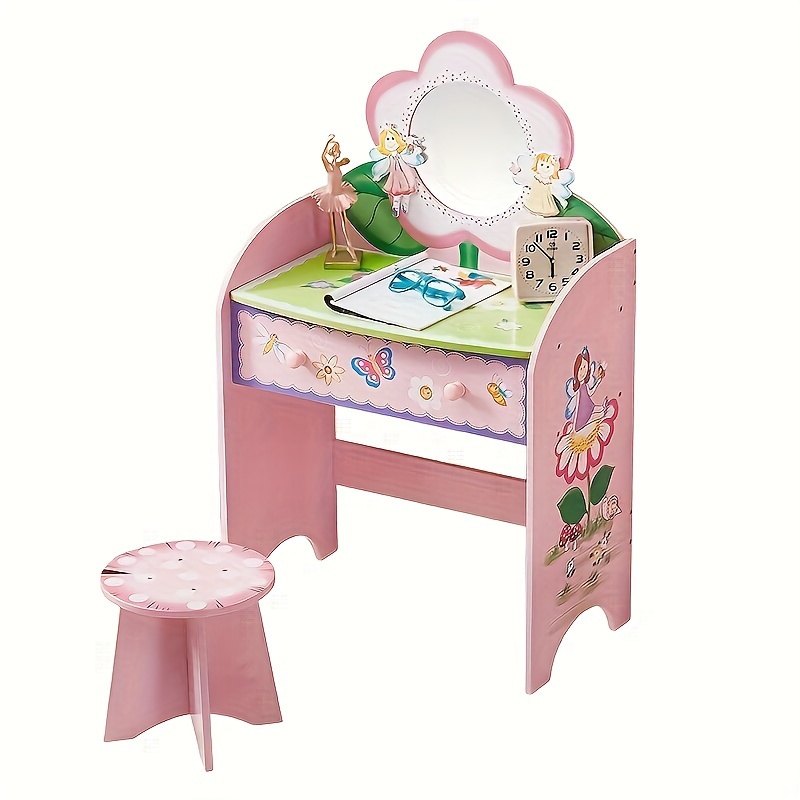 Kids Vanity Set - Princess Deluxe Vanity Table Set 2-in-1 Wooden Writing Desk & Stool, Mirror & Drawer, Perfect for Kids' Pretend Play, Developing Creativity And Fine Motor Skills, Durable Construction, Easy to Assemble, Best for Girls Christmas Gift