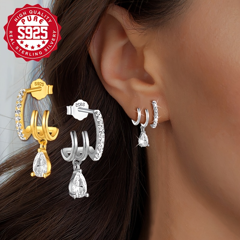 S925 Silver Women'S Three Claw Drop Earrings