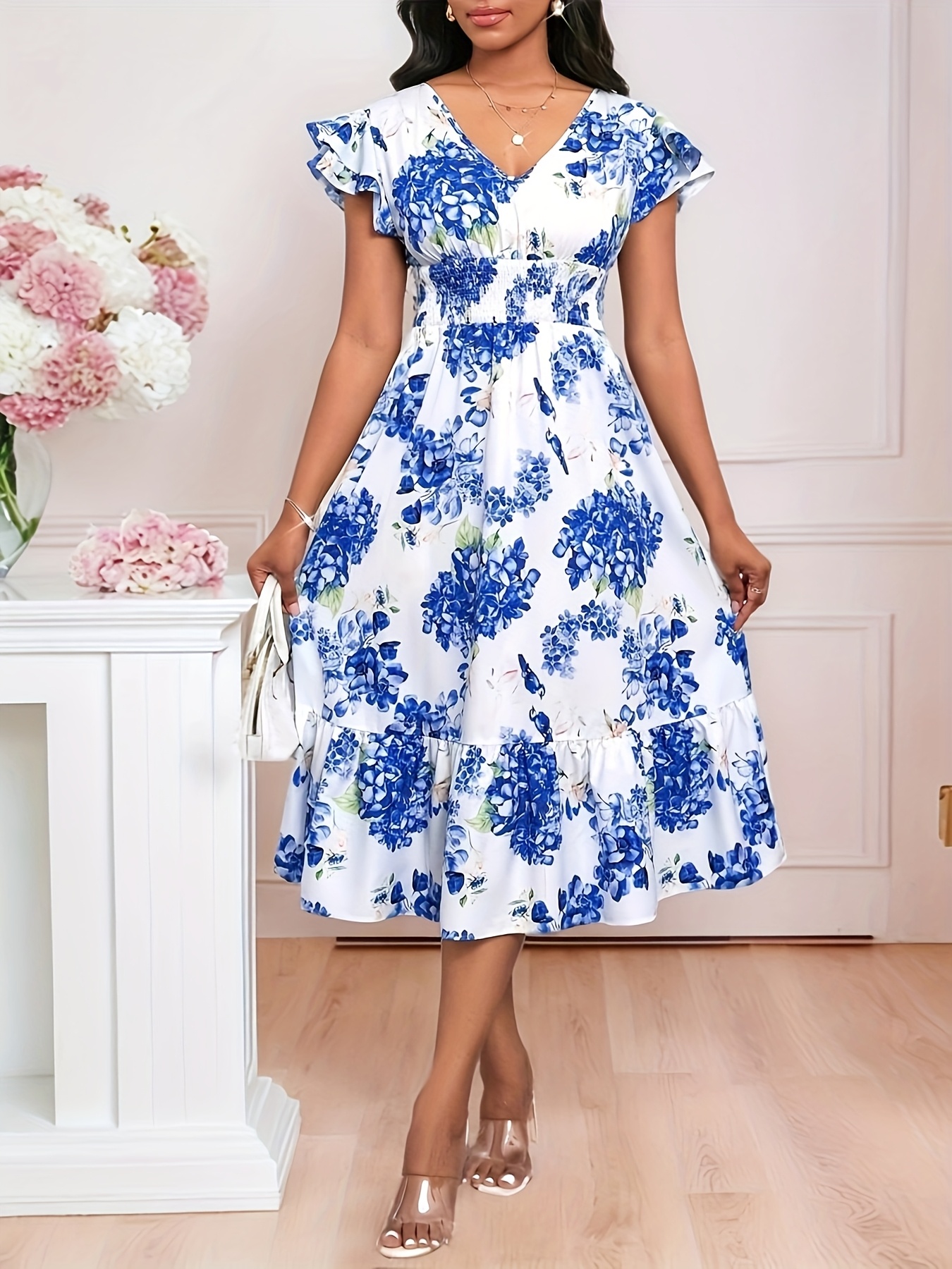 elegant summer dress a v neck double layered flutter sleeves - Temu South  Africa
