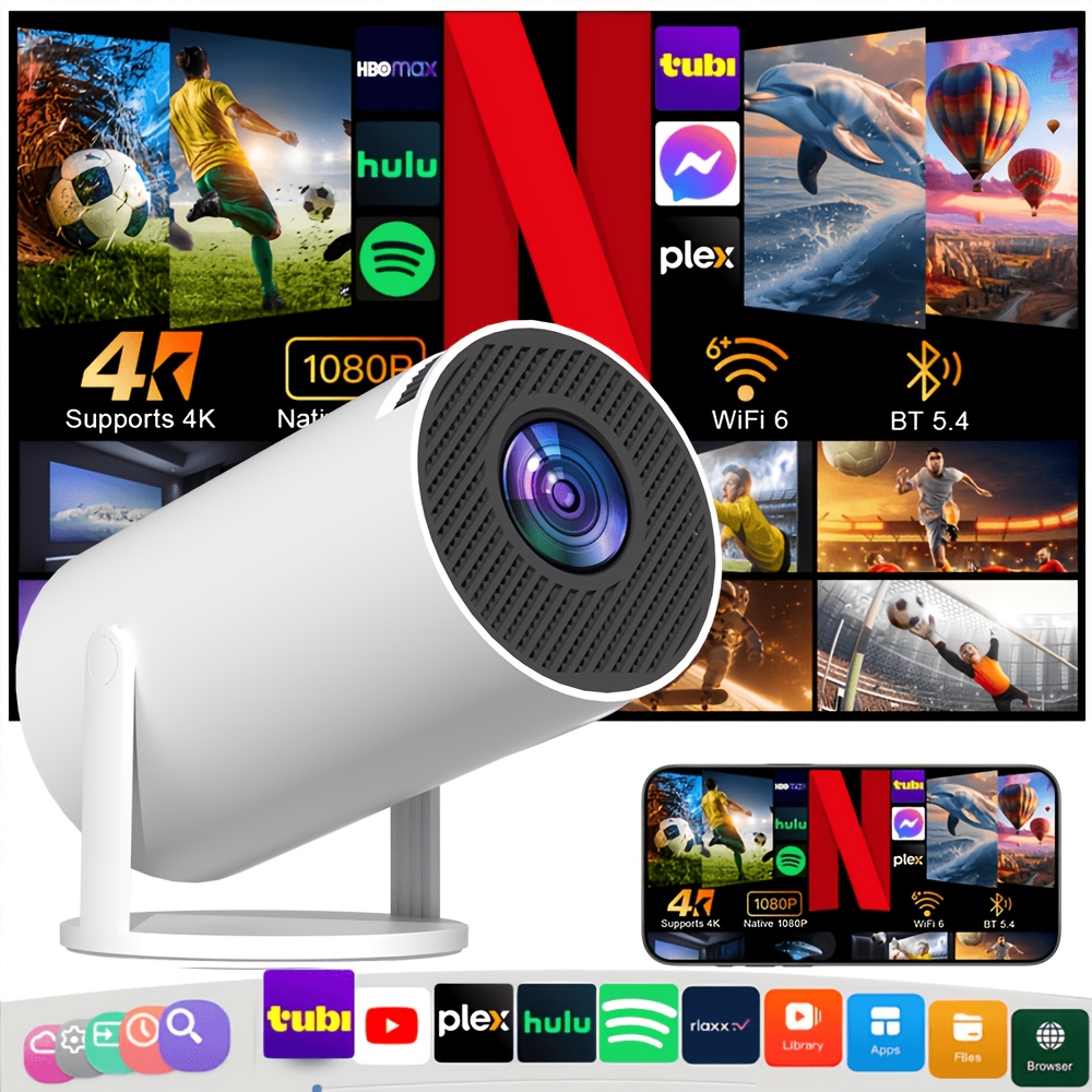 E-shop Intelligenter kabelloser Videoprojektor (mit Wi-Fi Bluetooth) unterstützt 4K-Dekodierung, native 1080P Full HD, Autofokus 180° flexibler