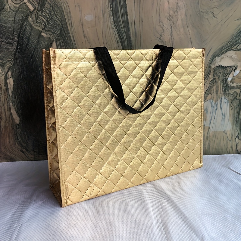 1pc Embossed Non-woven Fabric Bag, Golden/silvery Shopping Tote Bag, Checkered Laminated Non-woven Fabric Bag