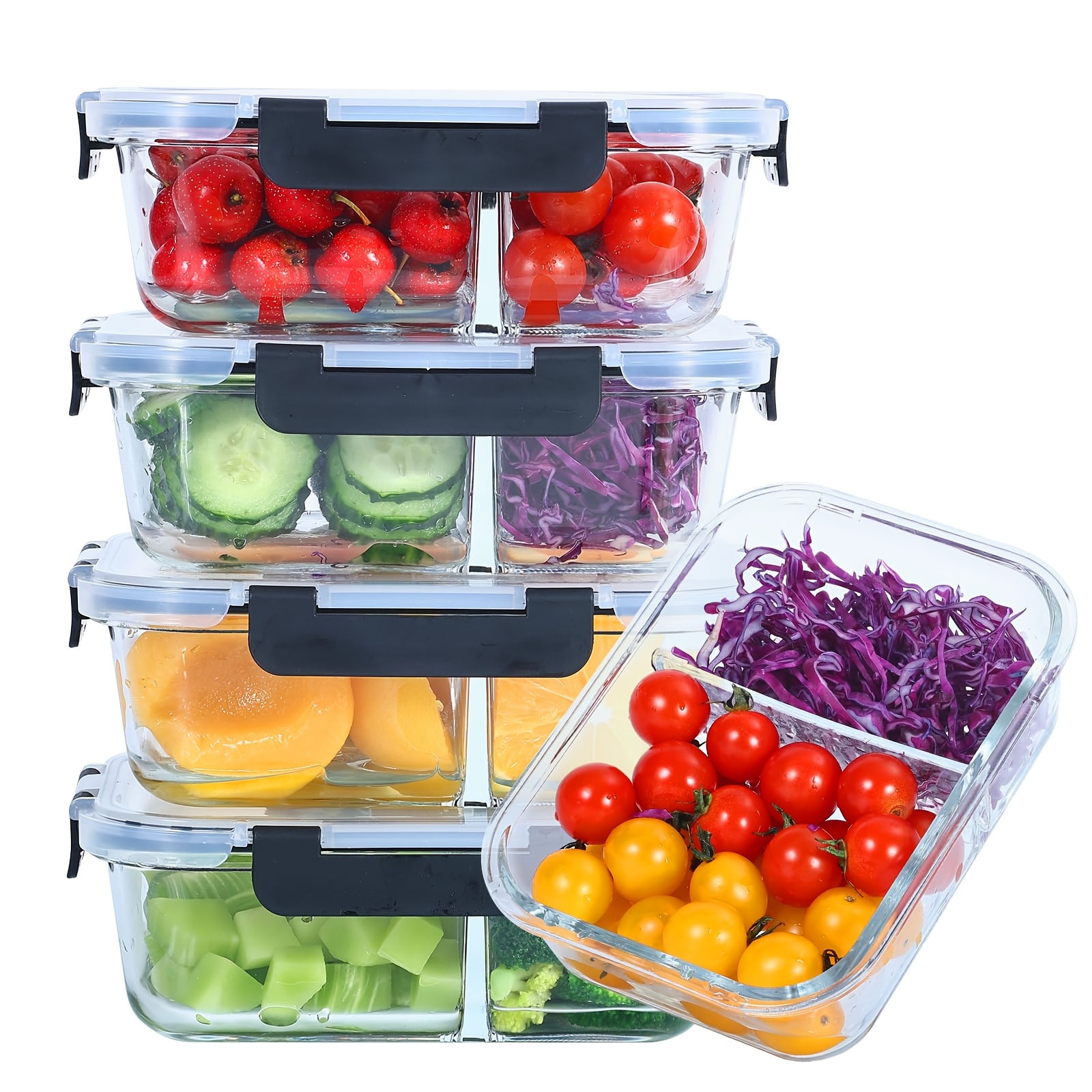 5-pack Glass Meal Prep Containers | 2 Compartments Portion Control With Upgraded Snap Locking Lids, Microwave, Oven, Freezer, And Dishwasher Safe