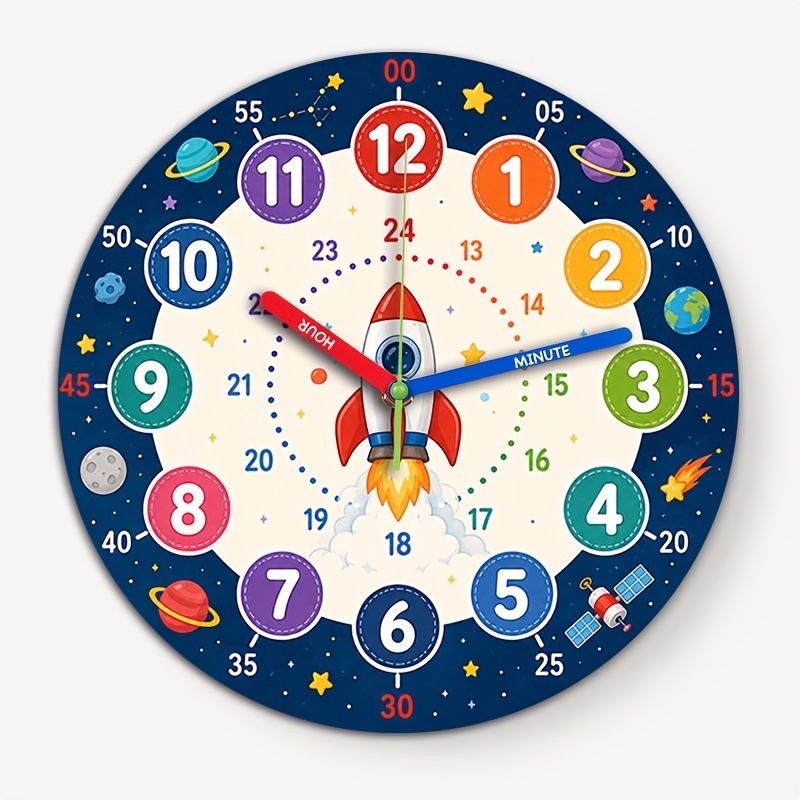 TEMU 1pc Round Space Rocket Clock, Planets Universe And Double Ring Digital Watch, Starry Night Silent Quartz Clock, Bedroom Study Wall Decor