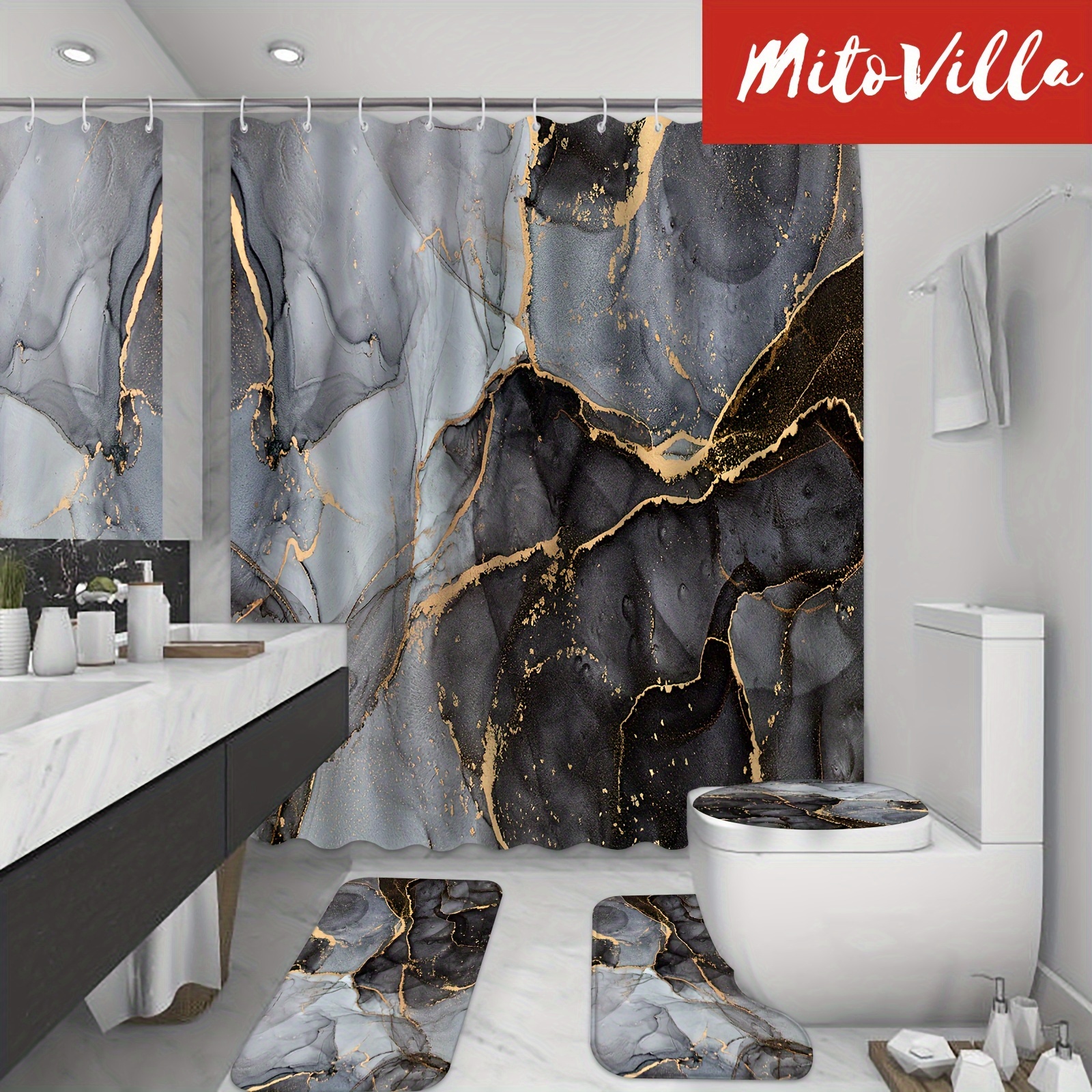 

1/4pcs Marble Pattern Shower Curtain Set, Golden Textured Waterproof Bath Curtain With 12 Hooks, U-shaped Mat, Toilet Cover Mat, L-shaped Mat, Bathroom Accessories, Aesthetic Bathroom Decor