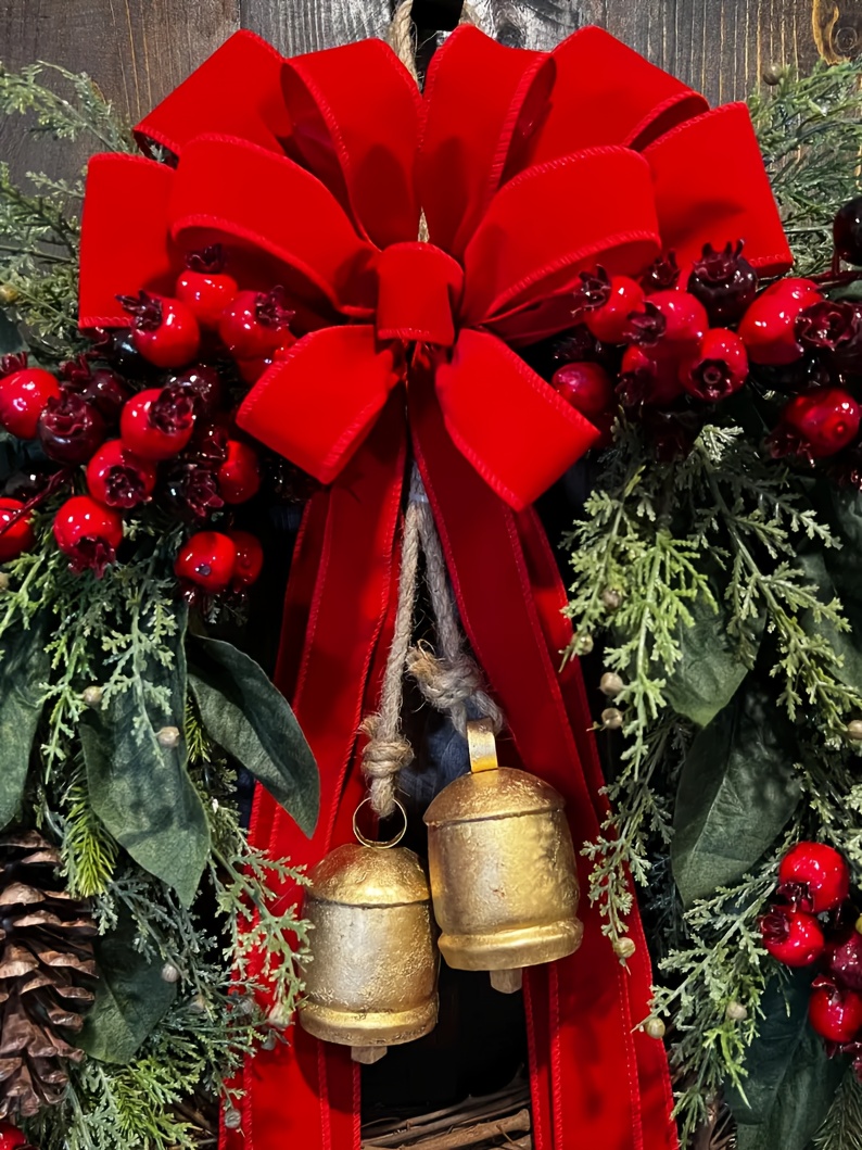 Large Rustic Farmhouse Christmas Wreath with Golden Bells, Red Berries & Pine Cones - Heavy-Duty Plastic /Outdoor Door Hanging Decoration, Burgundy Bow & Green Foliage for Front Door, Mantel, Year-Round Holiday Décor (Golden/Green)