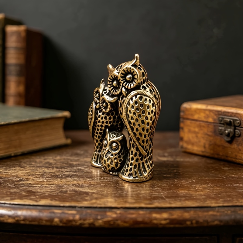 TEMU Retro Distressed Brass Owl Family Of 3 Statue Ornament, Carving , Full Body Honeycomb Texture Three-dimensional Relief. Mini Owl Die-cast, Heavy
