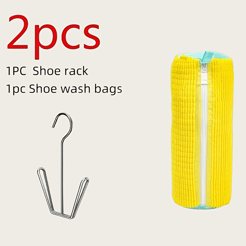 TEMU 2pcs Bags, Yellow Shoe Bags   Shoe Rack, Integrated Durable Plush Chenille Noise-reducing Shoe Washing Bags. Elastic Nylon Zipper, Suitable For