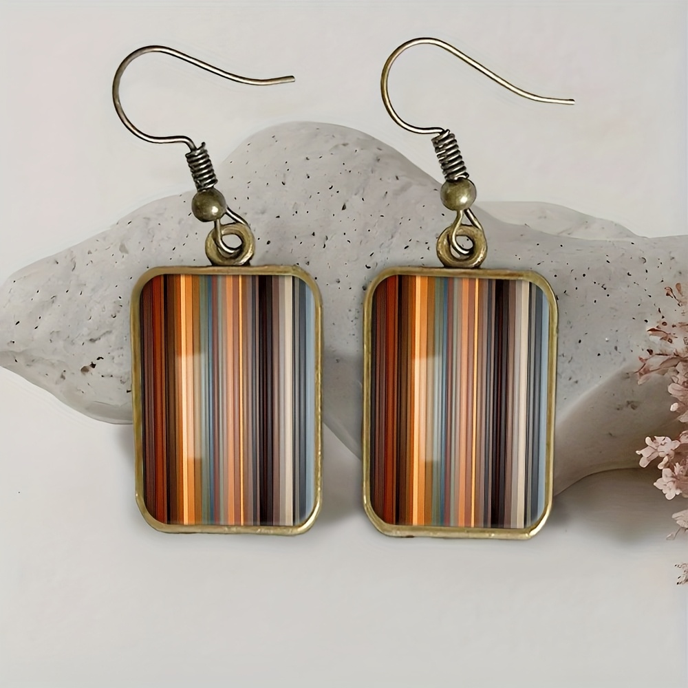 TEMU 1 Pair Handmade Vintage Multicolor Striped Round & Square Earrings And Pendant - Bezel Setting, No Plating, (brown/beige/pink/green/blue) - Boho