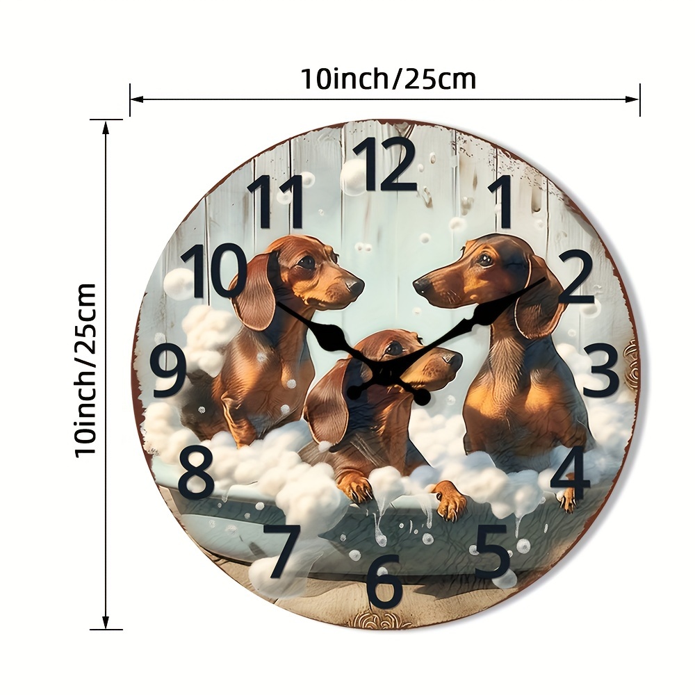 TEMU 1pc 10/12 Inch Wall Clock Non-ticking Wooden, 3 Dachshunds In A Bathtub Circular Clock, Easy To Read Battery Operated Country Rustic Style