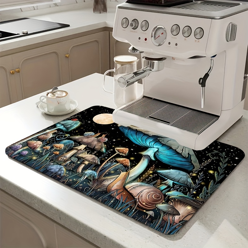 

Mushroom Pattern Absorbent Diatomaceous Earth Drying Mat For Coffee Machine, Kitchen Dish Bar, Cup Drying, Table Heat-resistant Placemat - Machine Washable, Woven Polyester, Rectangle Shape