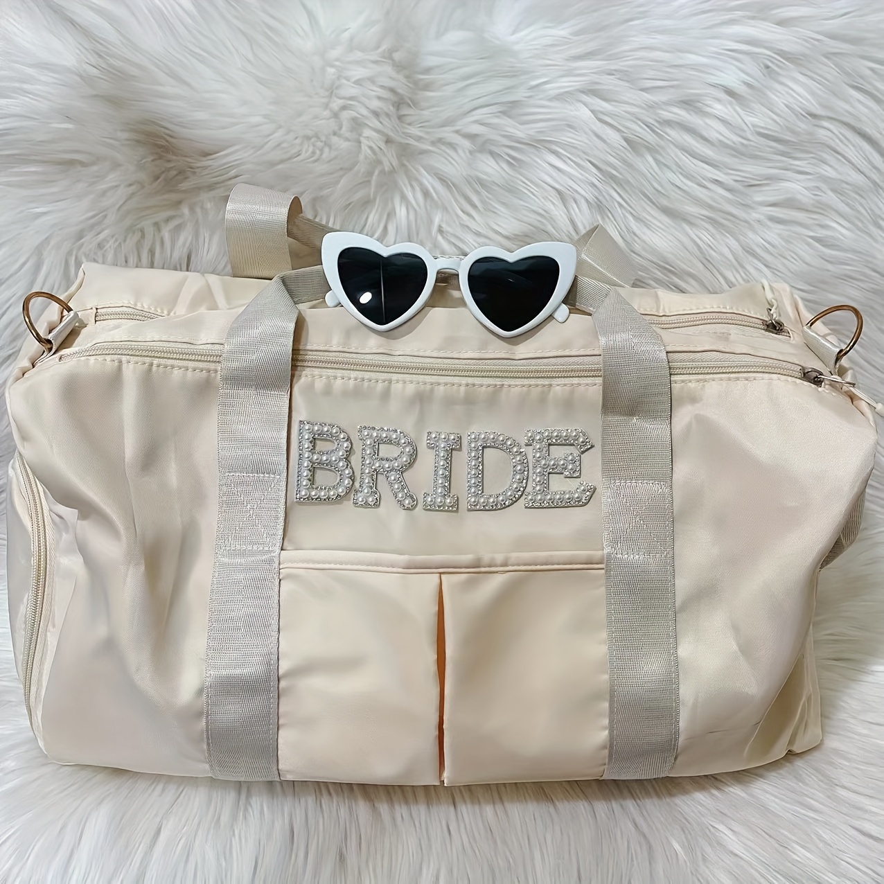 TEMU 2pcs, Pearl Bride Duffel Bag + Heart Shaped Sunglasses, For Wedding, Bachelorette Party, Bridal Shower