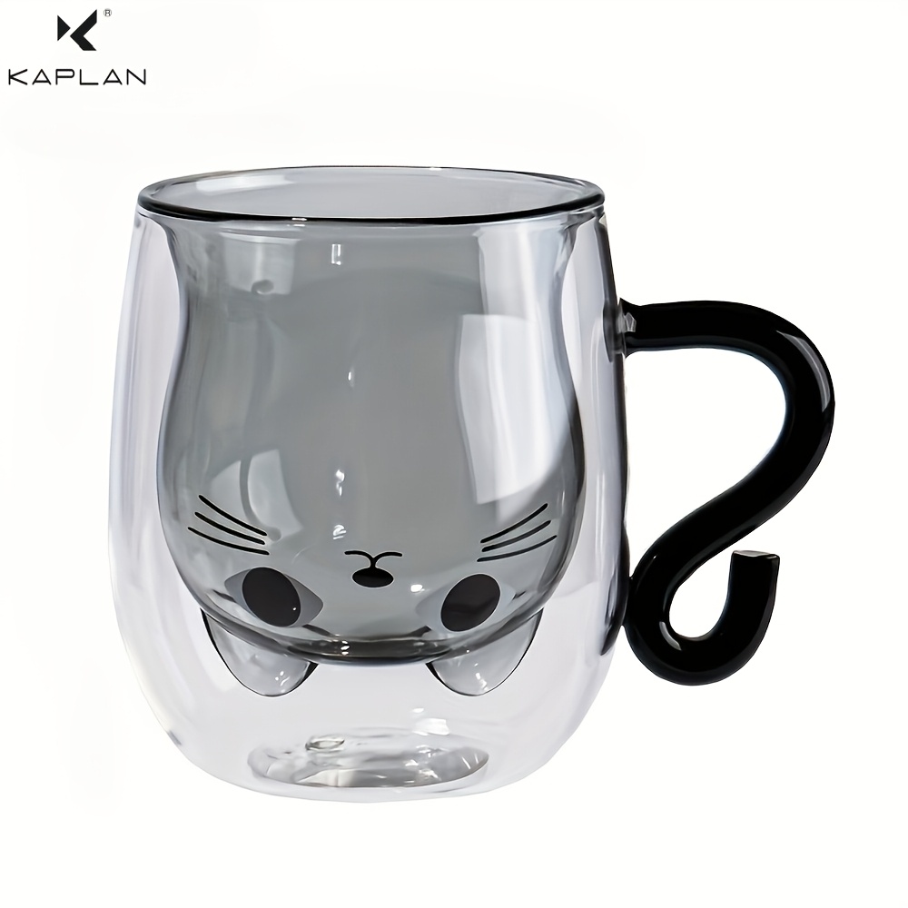 TEMU Kaplan Double-layer Cat Pattern Glass Cup, Creative Cartoon Cat Mug, Insulation Heat-resistant, Household Breakfast Coffee Cup, Milk Tea Cup,