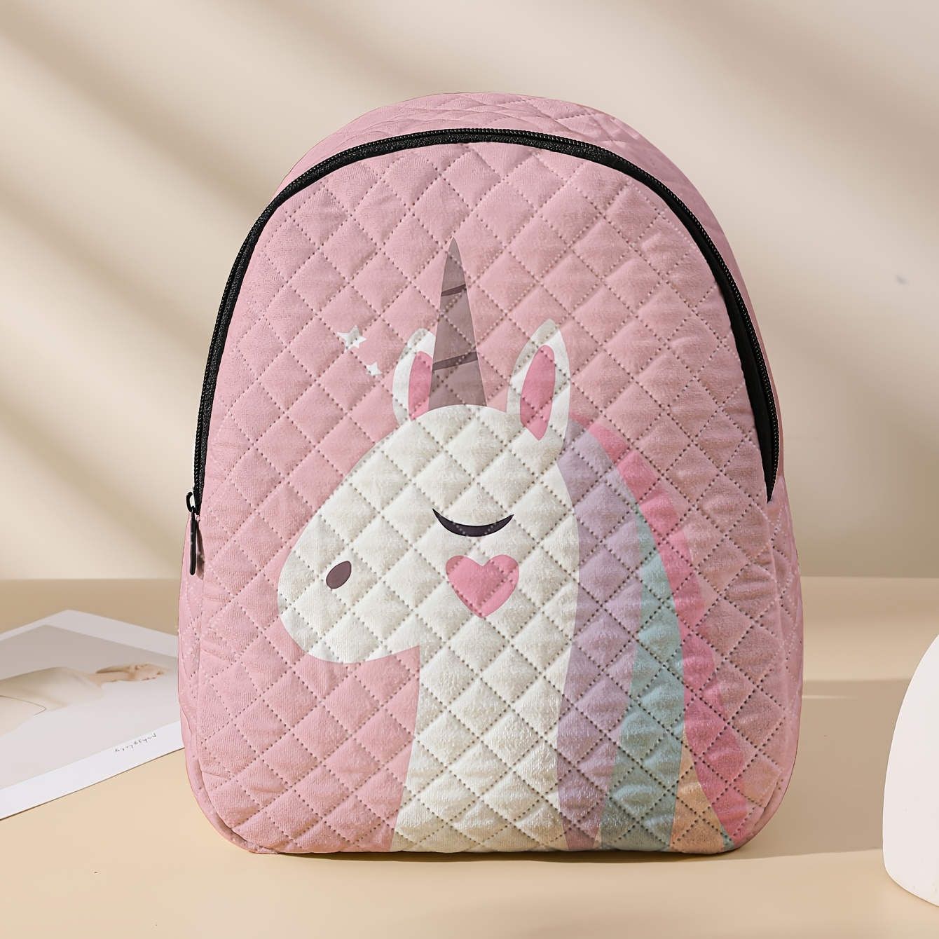 TEMU Cartoon Pink Unicorn Horse Pattern Printed Backpack, Casual Diamond Stitching Small Backpack, Backpack, Backpack, Outdoor Leisure Backpack,