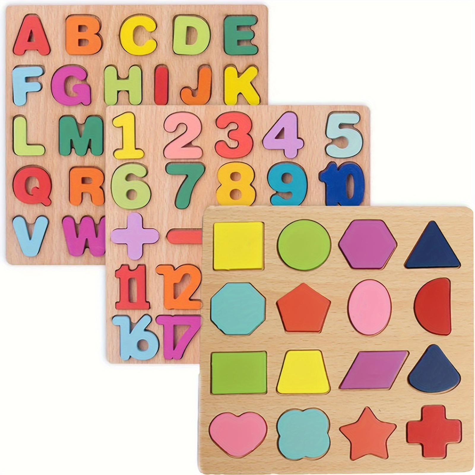 

3pcs Wooden Puzzle Set For - Abc, Numbers & Shapes - Toys For Boys And Girls