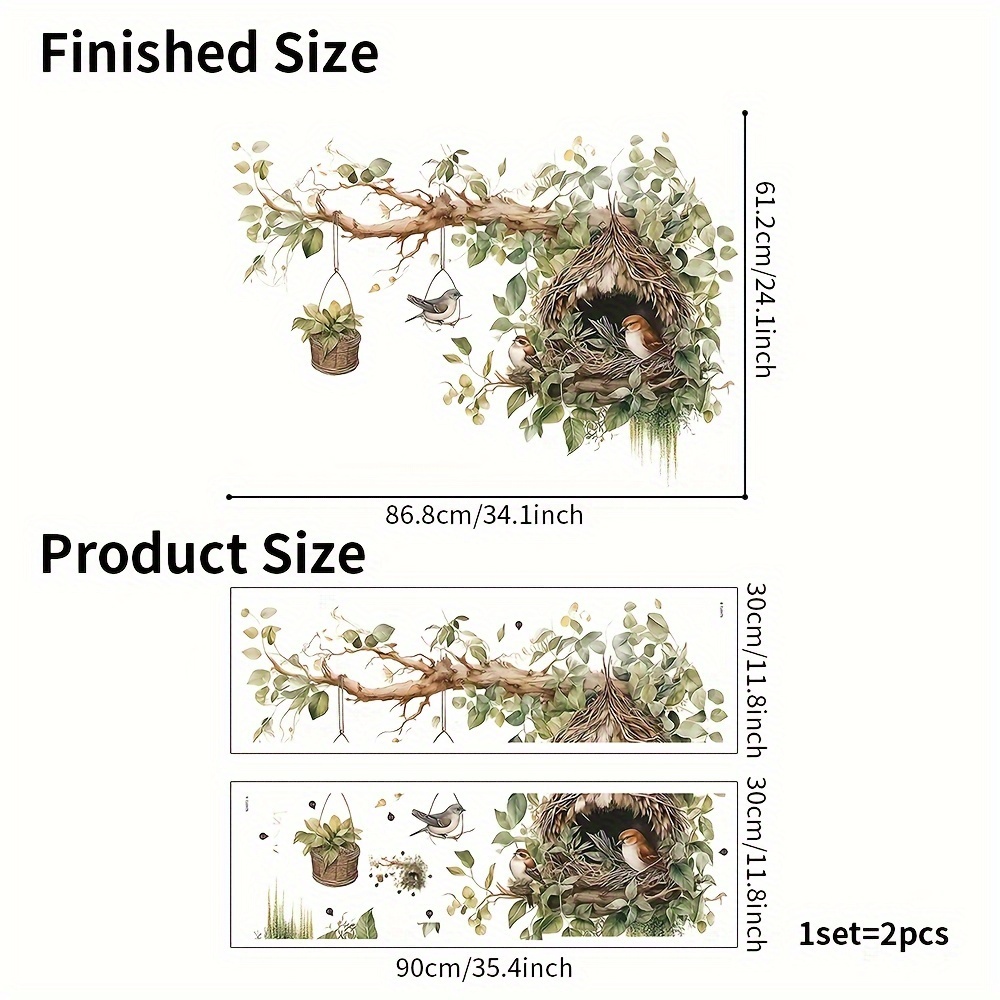 Image of 1 Set Of 2 Decorative Wall Stickers, Cartoon Tree Branch And Birdhouse Pattern, Self-adhesive Wall Stickers, Waterproof Removable Pvc Living Room And Bedroom Decorative Stickers