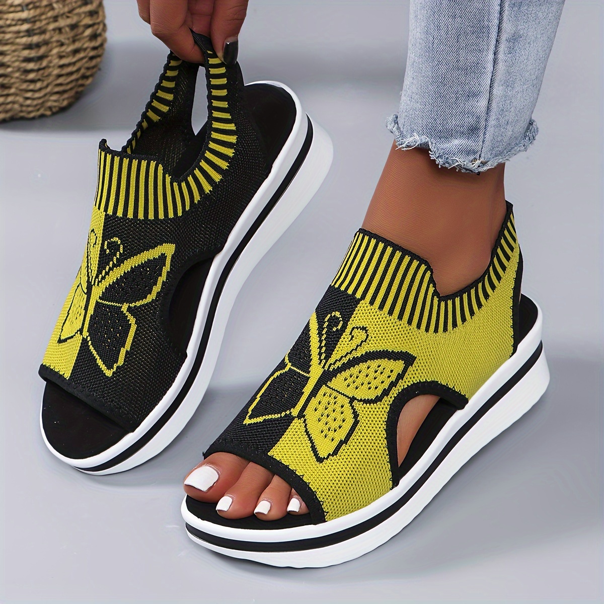 women s contrast color knitted sandals platform slip walking details 8