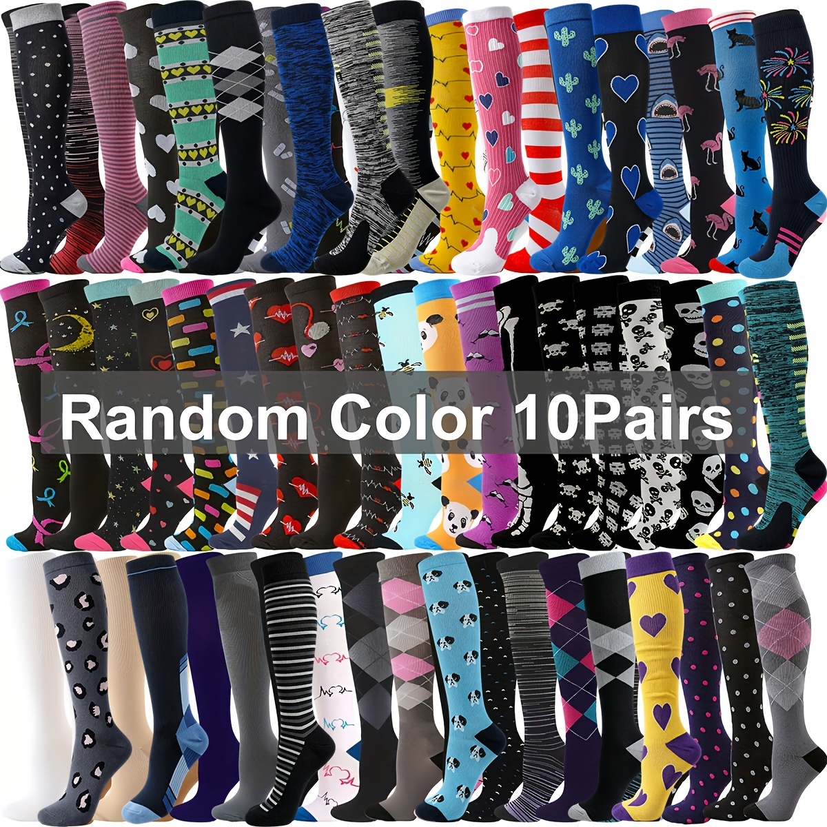 Image of 10 Pairs Random Color Compression Socks For Women And Men Knee High Socks Sport Exercise Athletic Cycling Running Tennis Socks