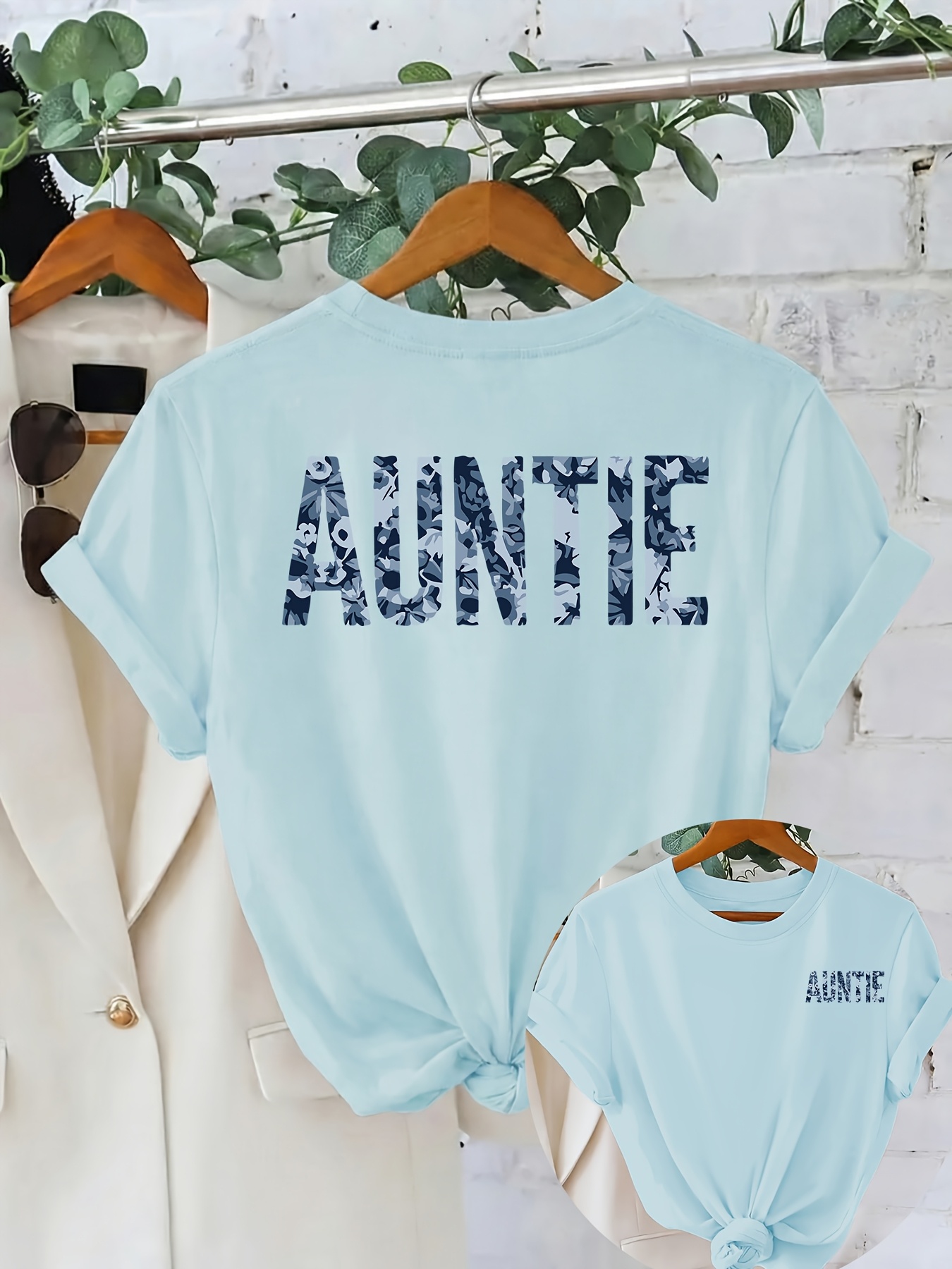 item picture front and back double sided print spring summer loose fit casual womens clothing floral print with auntie lettering short sleeve round neck t shirt womens apparel
