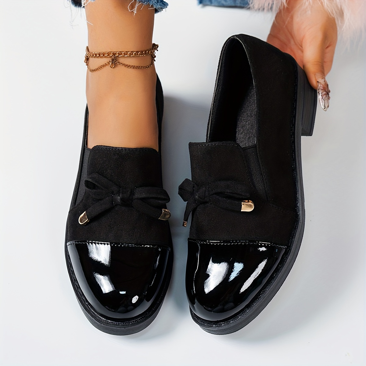 1 pair womens classic penny loafers comfortable slip on   shoes with rubber sole fabric lining and insole   upper round toe solid color bowknot detail for   details 4