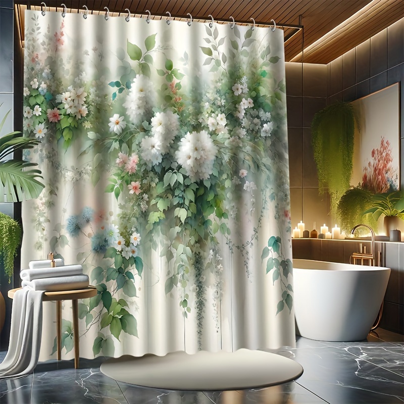 

1pc Green Plants Floral Pattern Shower Curtain With Hooks, Mildewproof Waterproof Bathroom Partition Curtain, Bathroom Accessories, Home Decor
