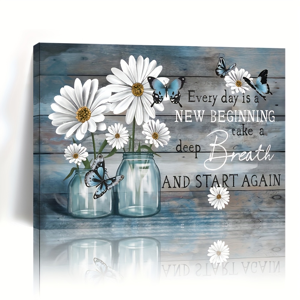 TEMU 2d Flat, 1pc Of Wooden Frame Canvas Painting Featuring Daisies, Blue, Rustic Butterflies, And Floral Wall Art Print, Suitable For Home
