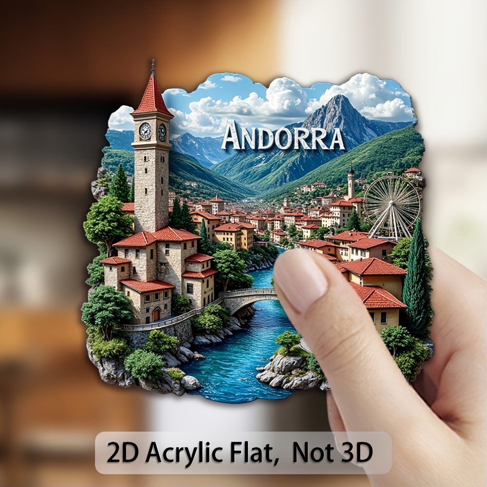 TEMU Placa y adorno decorativo 2D, 1 pieza, imán de acrílico para refrigerador, pegatina para nevera con de paisaje de Andorra, colores vibrantes,
