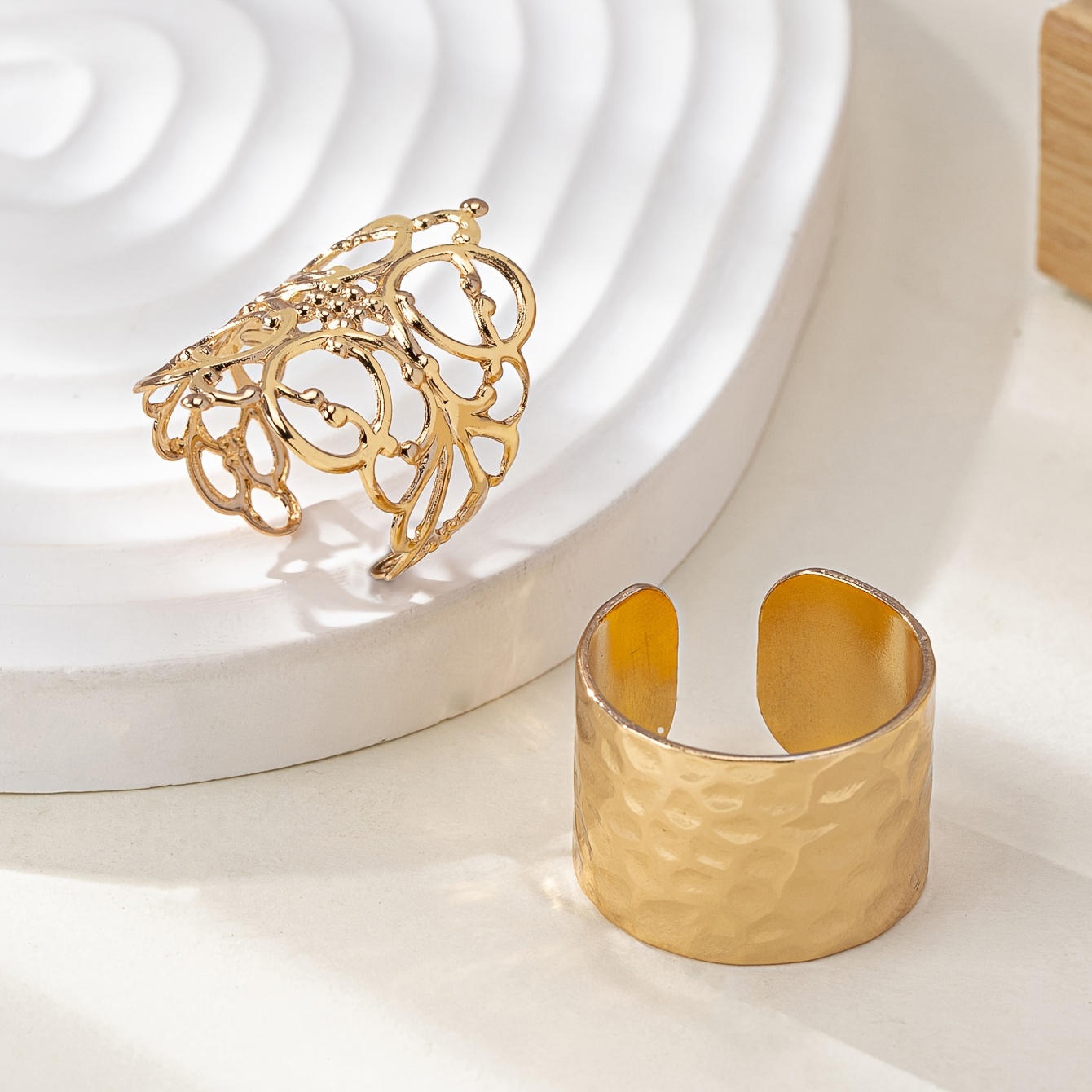Adjustable Wide Band Ring Vintage Hollow Textured Alloy