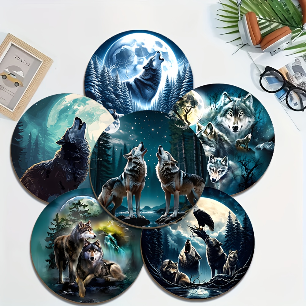 

6pcs Night Wolf Wooden Coaster Set - Heat-resistant, Non-slip & Table Mats For Home, Office & Themed Parties, 3.9in, Cup Mats