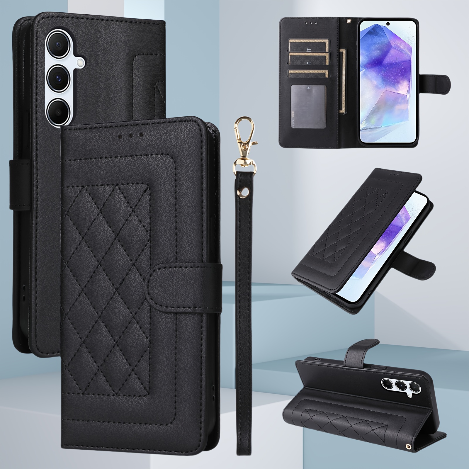 

For Samsungfor A55 5g/a54 5g/a53 5g/a52 5g/a51 5g/a50/new Diamond-grid Clamshell Magnetic Mobile Phone Protective Case, Lanyard, Phone Case Card Slot Design, , Trendy And Fashionable Style