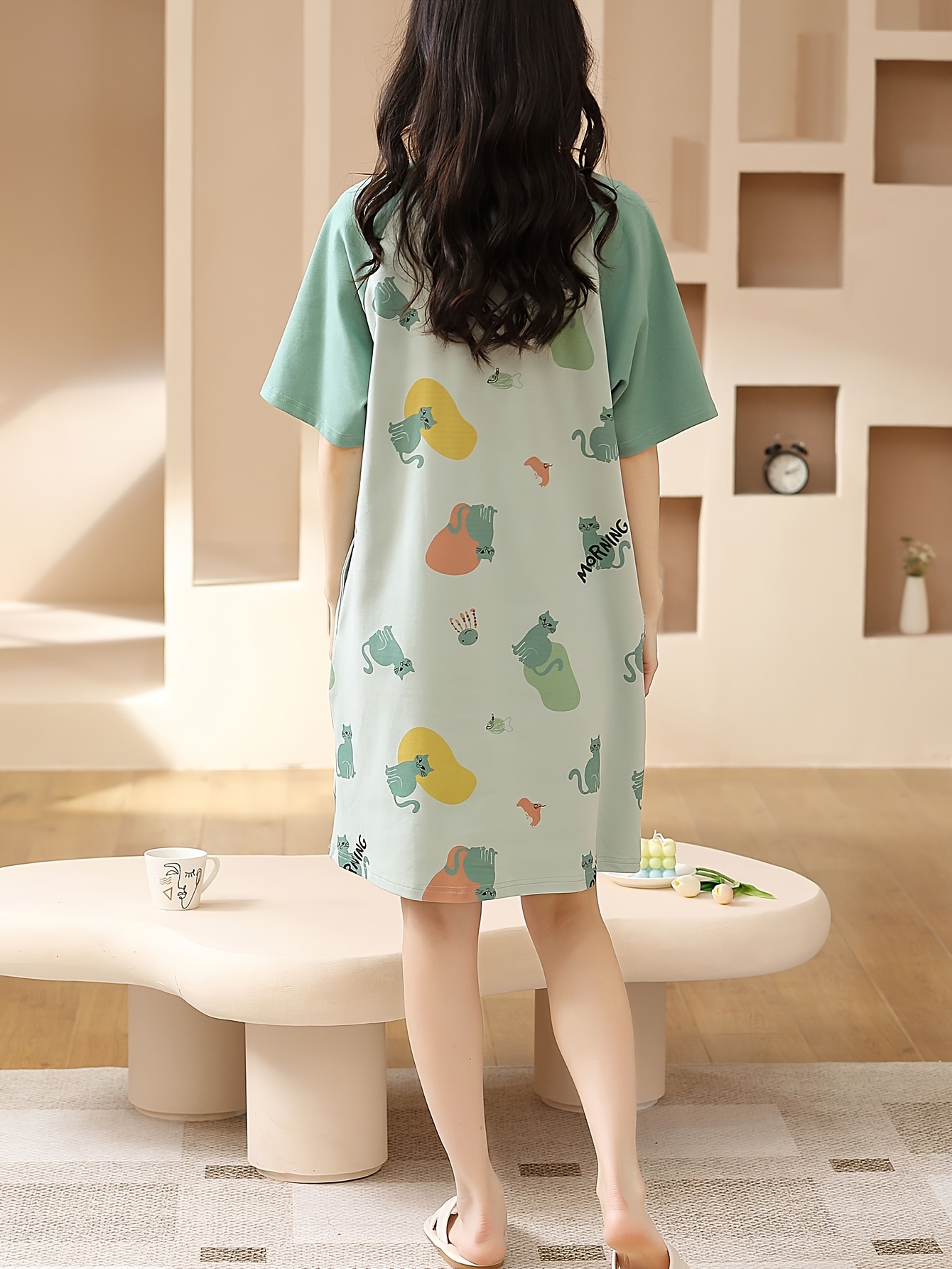 green printed animal nightgown sleep dress round neck short - Temu Bahrain