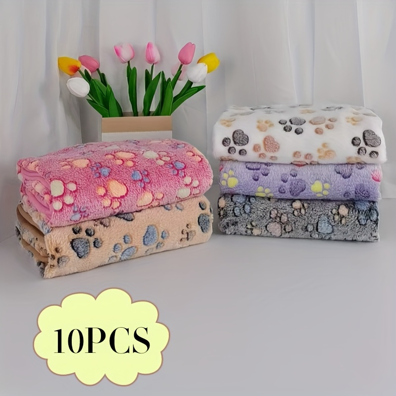 E-shop 10 Stück Mehrfarbige Weiche Flanell-Haustierdecke Set, Ganzjahresnutzung - Maschinenwaschbar, Pfotenabdruck-Design - Vielseitige Haustiermatte,