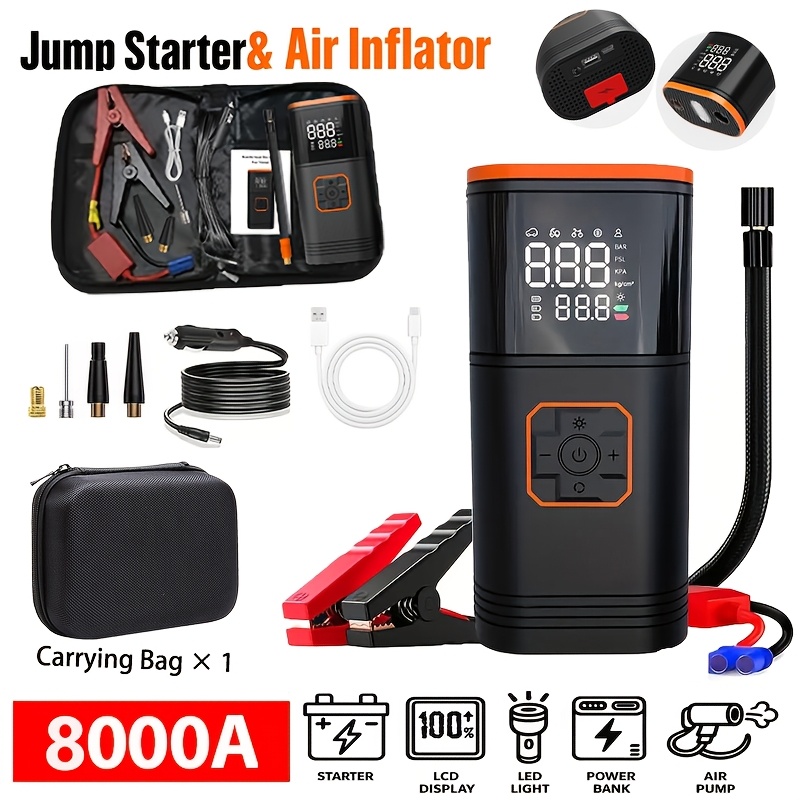 TEMU Avviatore di Emergenza Portatile per Auto, 8000A di Picco, Gonfiatore Pneumatici 250PSI, 12V, /Uscita USB, Luce di Emergenza a LED, Strumento