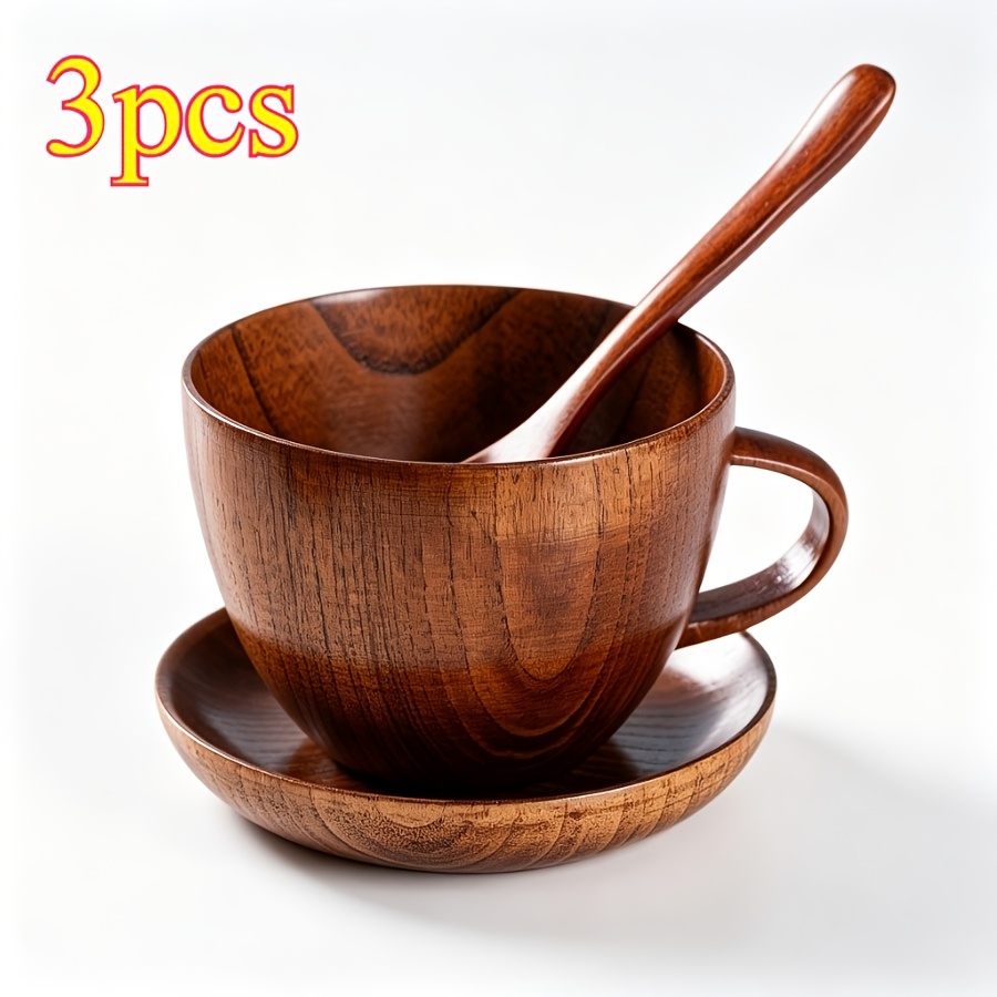 TEMU 3pcs Set Of Handmade Solid Wood Coffee Cups, With Coaster Wooden Spoons, Natural Wood Teacups, Home Decoration