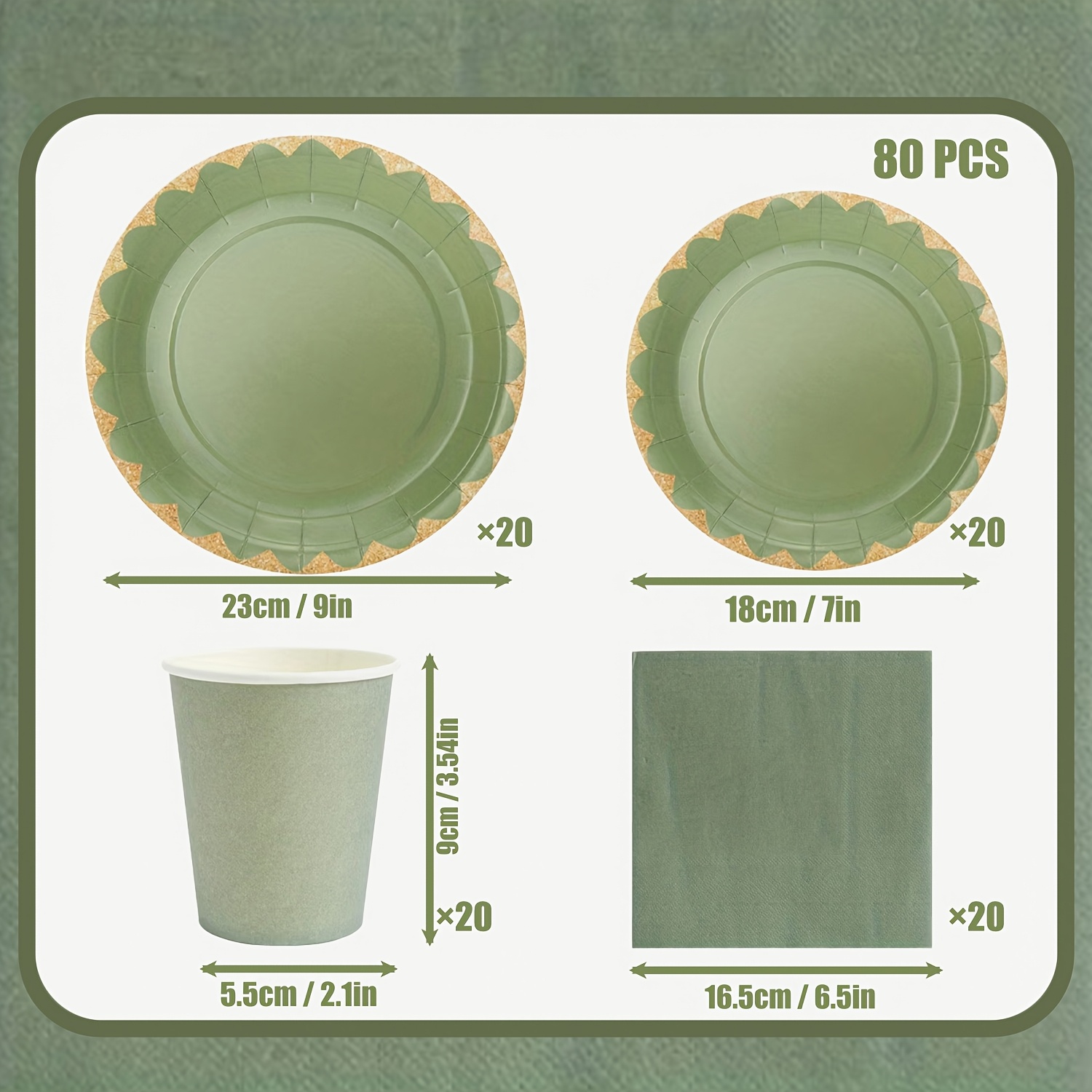 TEMU Ensemble de vaisselle de fête vert sauge 300GSM, 80 pièces, parfait pour votre fête | Thème couleur unie bordure festonnée | Assiettes, gobelets
